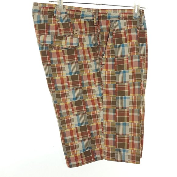 Tommy Bahama Mens 36 Cargo Shorts Cotton Jeans No 093 Red Brown Plaid Flat Front - Picture 2 of 8
